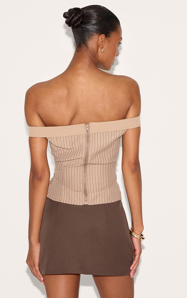 Brown Peach Skin Striped Bardot Long Top image 2