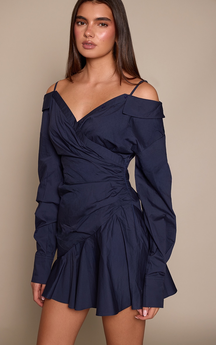 Navy Off The Shoulder Asymmetric Shirt Dress image 4