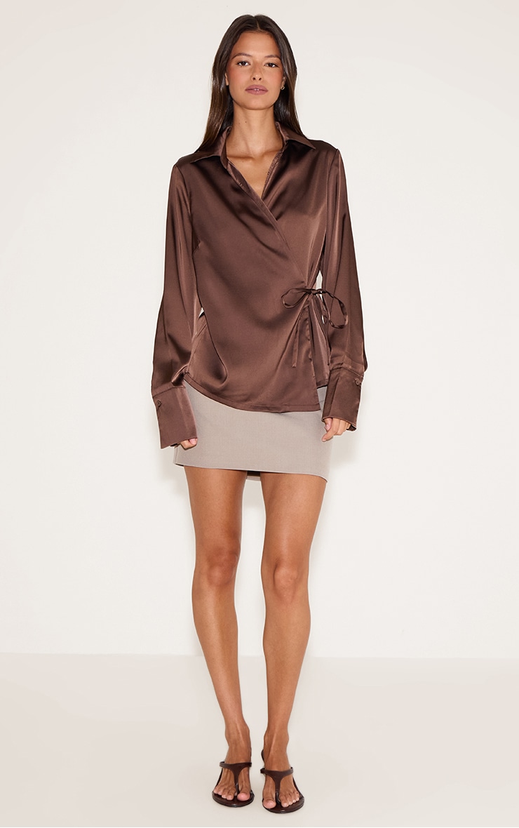 Chocolate Satin Tie Waist Detail Slouchy Shirt image 3