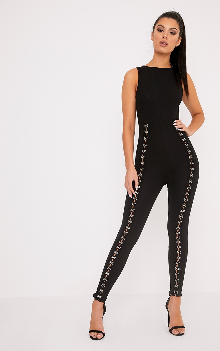 Aviana Black Hook and Eye Jumpsuit Jumpsuits PrettyLittleThing