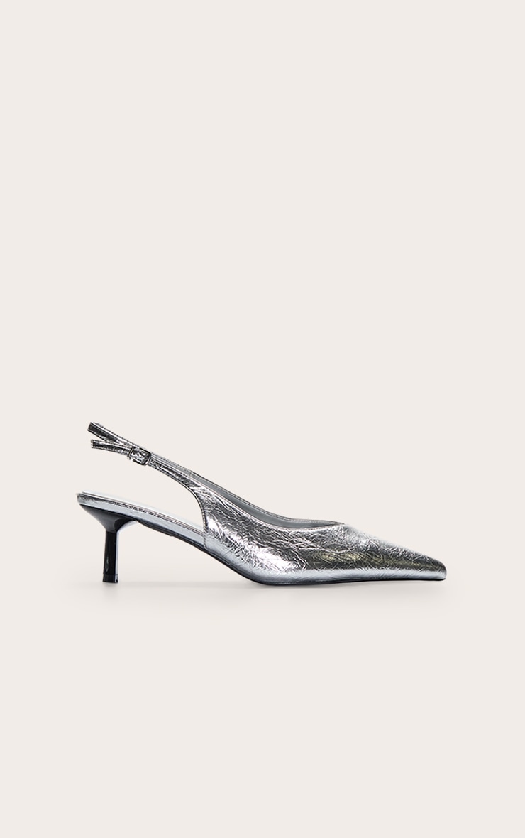 Silver PU Pointed Toe Contrast Heel Sling Back image 2