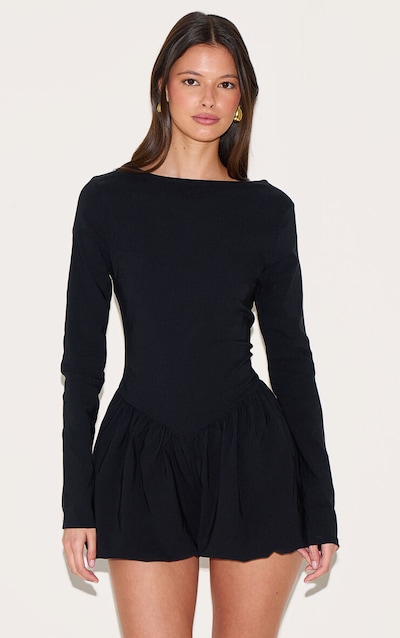 Black Stretch Woven High Neck Puffball Skort Playsuit