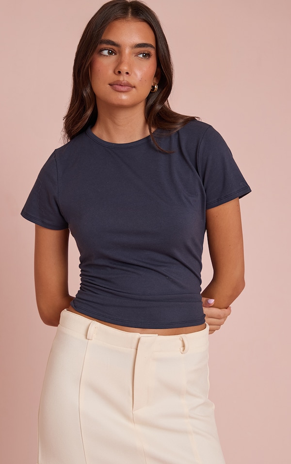 T-shirt long en coton bleu marine à col ras et manches longues