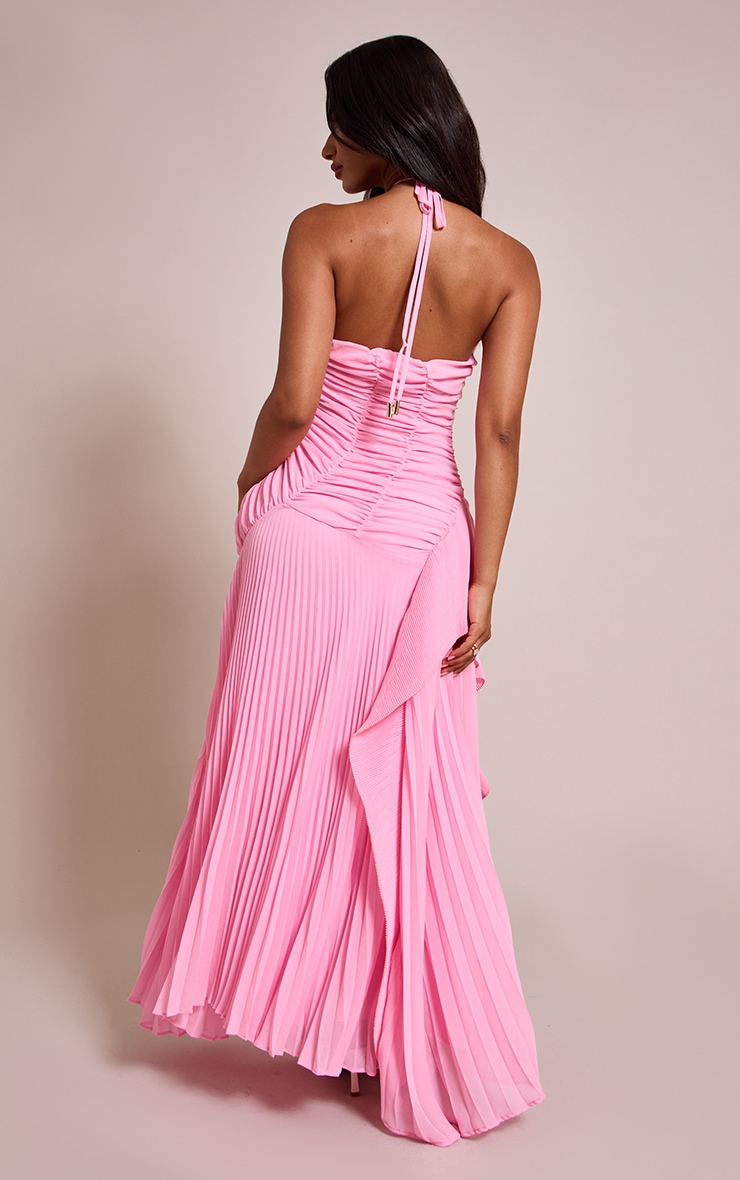 Petite Pink Halterneck Plisse Ruffle Detail Maxi Dress image 2