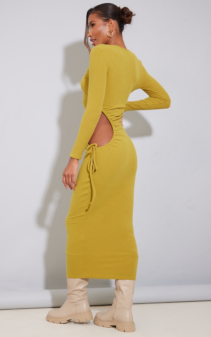 Olive Brushed Rib Ruched Cut Out Midaxi Dress image 2