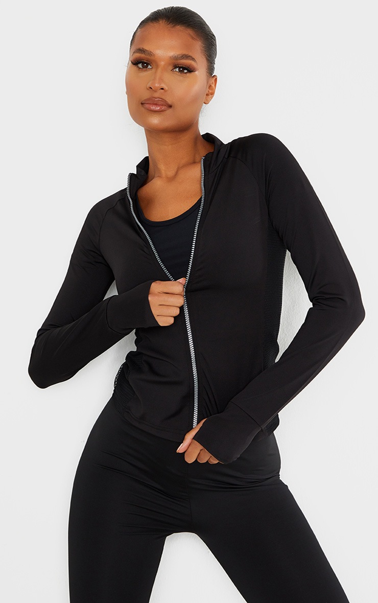 Black Mesh Panel Zip Up Sports Jacket