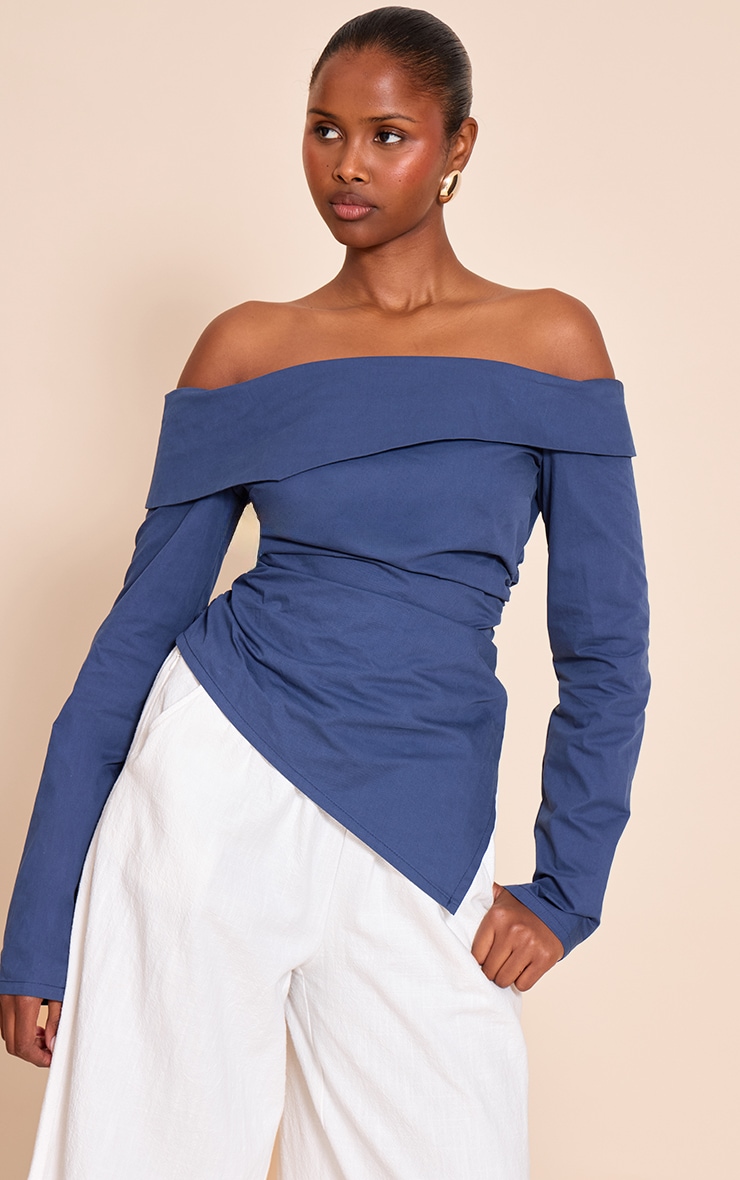 Navy Cotton Ruched Asymmetric Hem Bardot Top image 1
