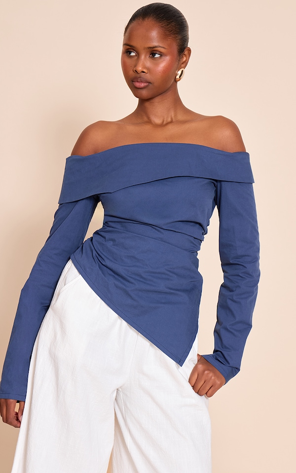 Navy Cotton Ruched Asymmetric Hem Bardot Top