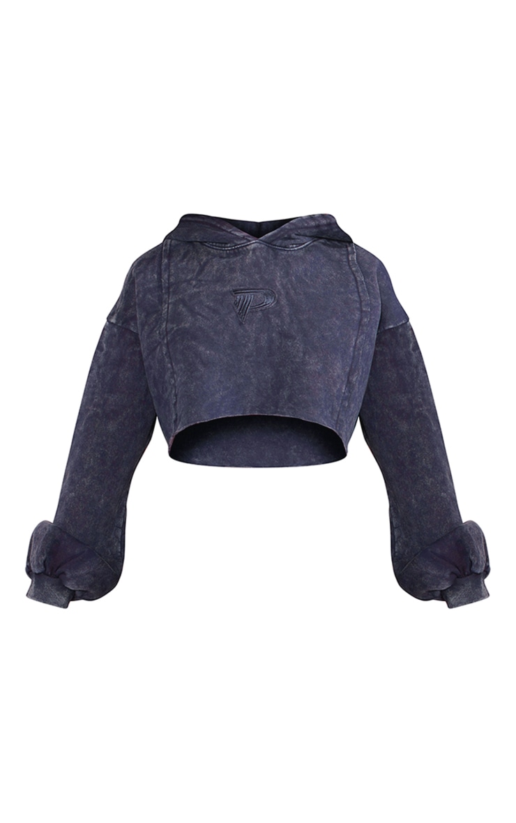 Petite Indigo Acid Wash Seam Detail Cropped Hoodie image 5