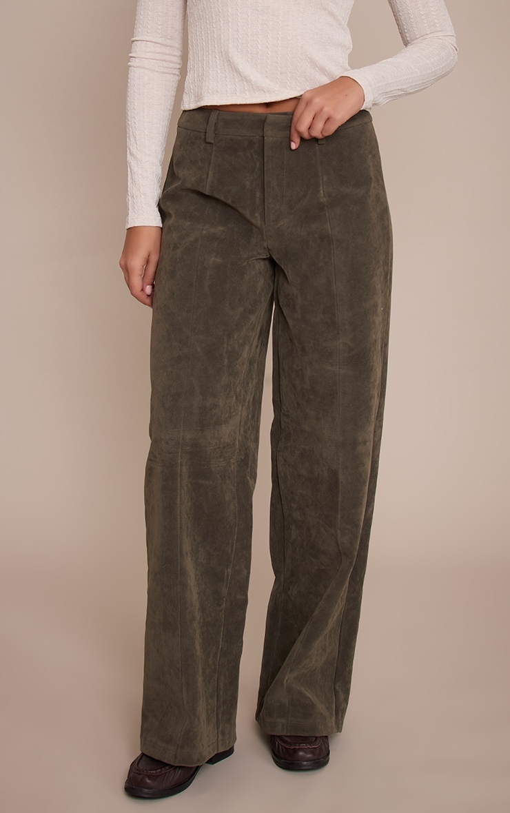 Khaki Faux Suede Straight Leg Pants image 2