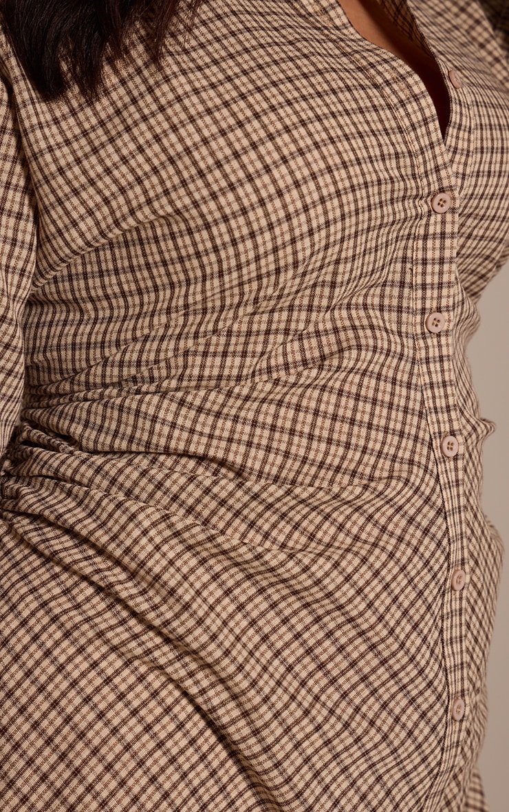 Plus  Cream Check Button Down Ruched Long Sleeve Shirt Dress image 4