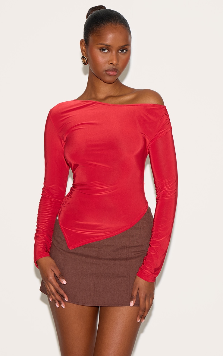 Red Soft Touch Asymmetric Ruched Long Sleeve Top image 1