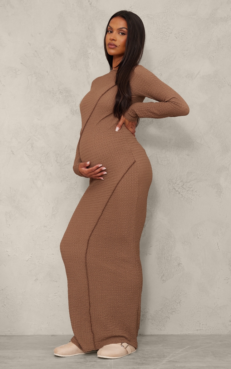 Maternity Taupe Textured Seam Detail Long Sleeve Maxi Dress image 3