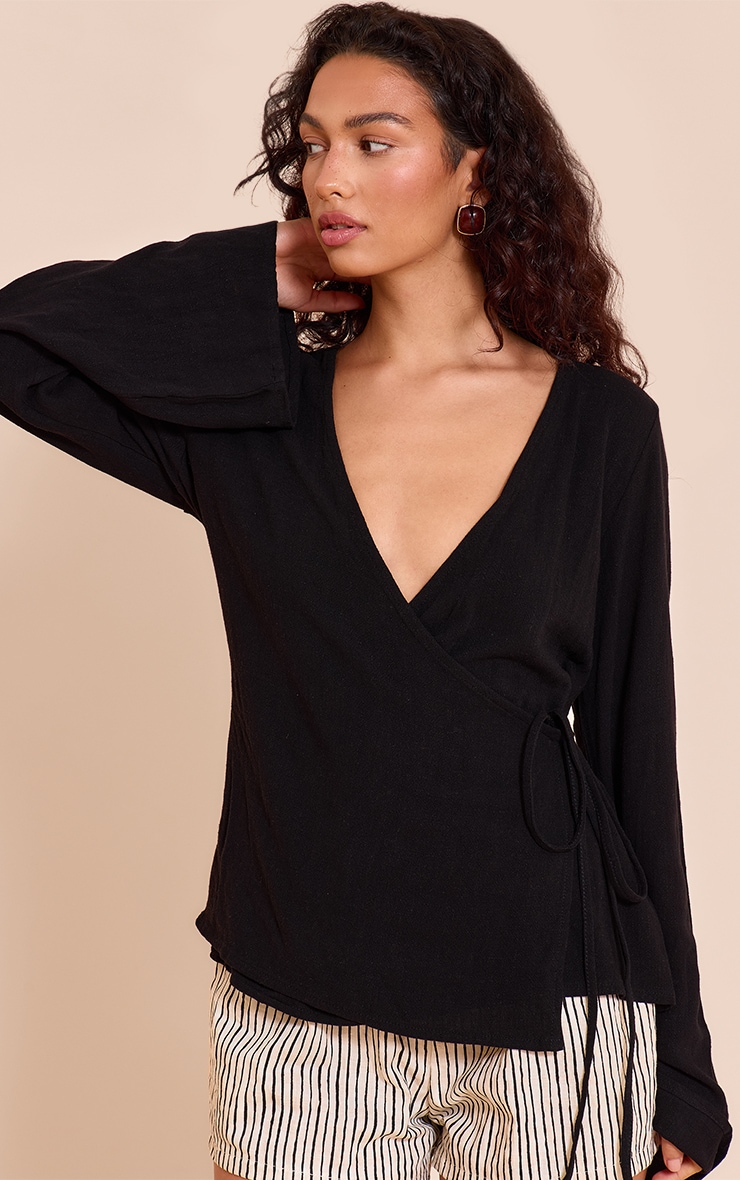 Black Lightweight Woven Flared Sleeve Wrap Detail Shirt image 4