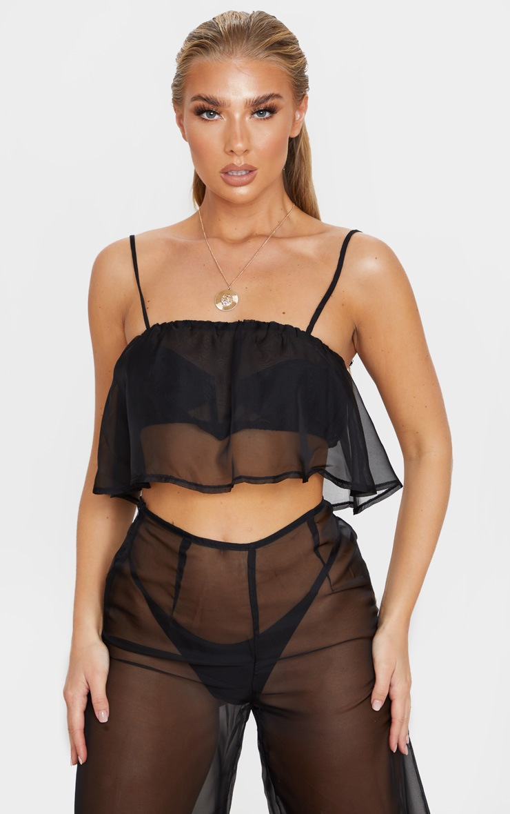 Black Frill Cropped Cami Beach Top