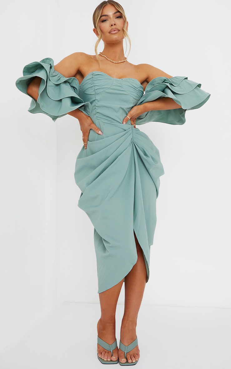 Sage Green Bardot Frill Sleeve Draped Midi Dress image 1