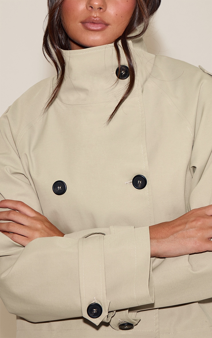 Beige Double Breasted Funnel Neck Cropped Trench Coat image 4