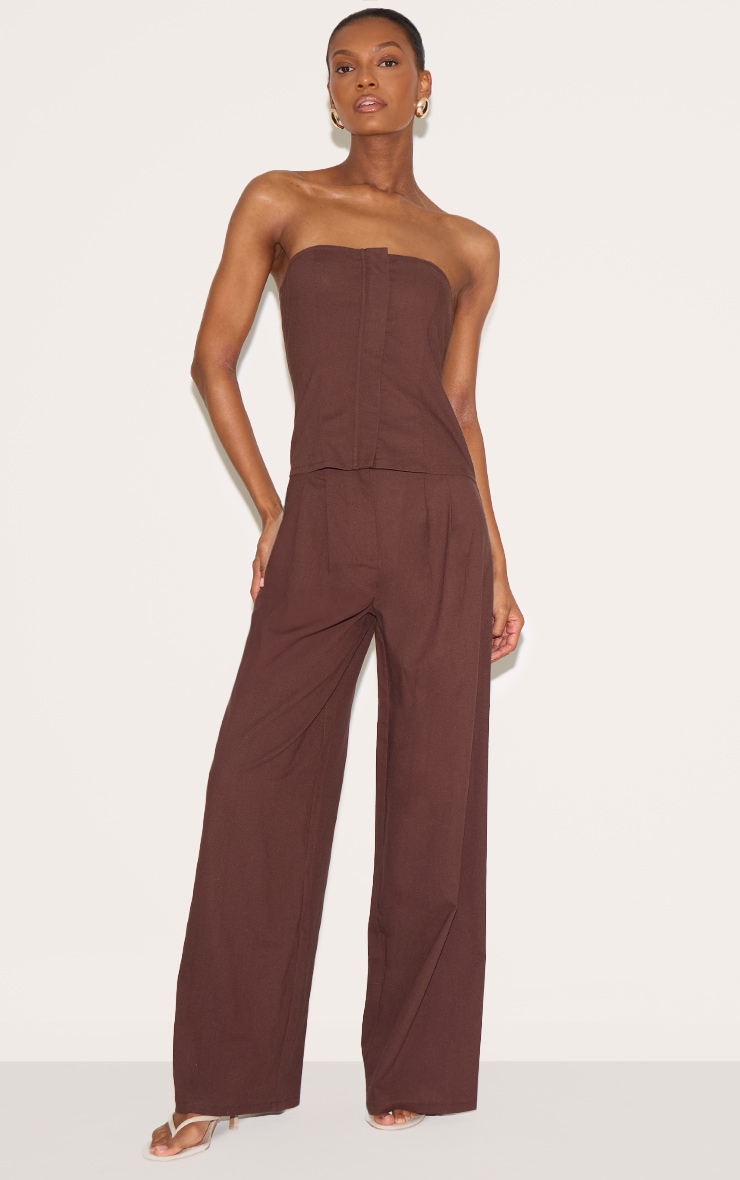 Chocolate Linen Blend Tailored Bandeau Wide Leg Jumpsuit image 3