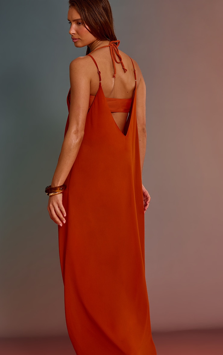 Robe de plage trapèze longue en mousseline de soie rouille à col bateau image 2