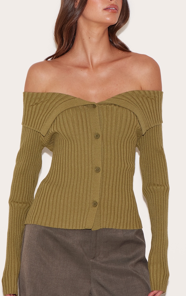 Olive Rib Knit Fold Over Button Up Top image 4