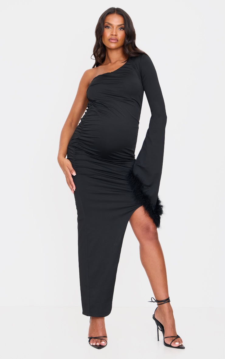 Maternit?� Robe De Grossesse Fronc?�e Noire ?? Manche Unique En Plumes Et Ourlet Asym?�trique 