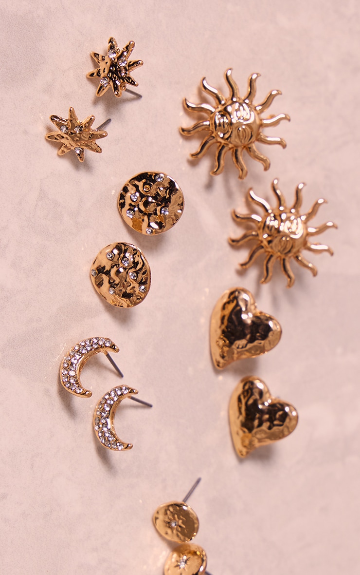 Gold Sun, Moon & Heart Diamante Earrings Multipack image 1