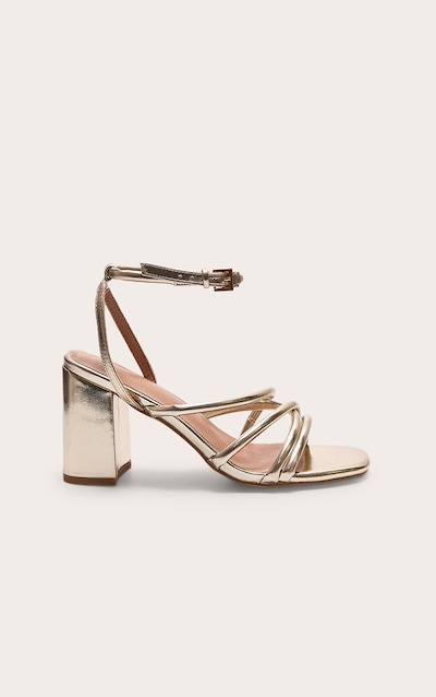 Gold Metallic Pu Round Toe Multi Strap Block Heeled Sandals