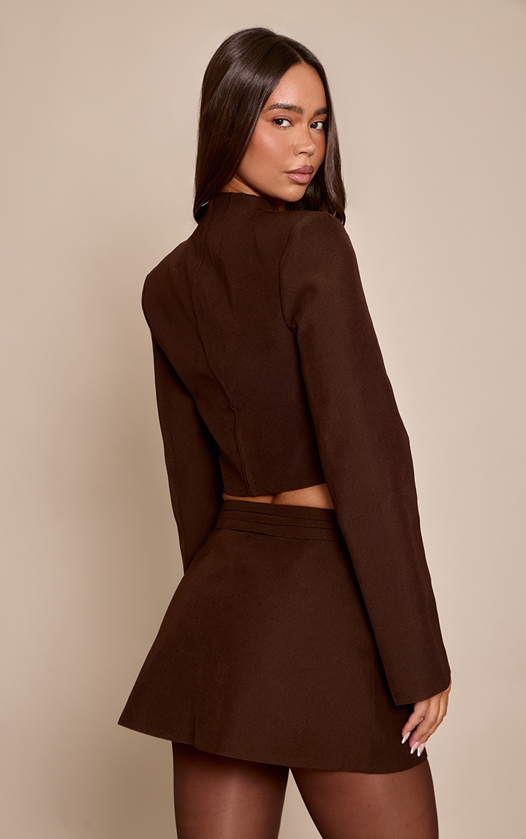 Chocolate Woven V Neck Cuff Detail Top image 2