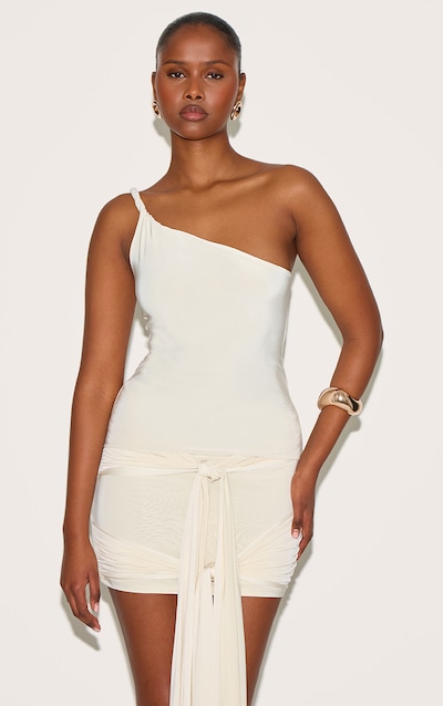 Almond Double Layer Slinky Twist Detail One Shoulder Long Top