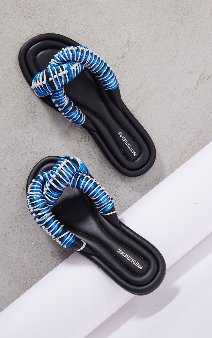 Black Real Leather Round Toe Padded Contrast Strap Pearl Detail Sandals image 1