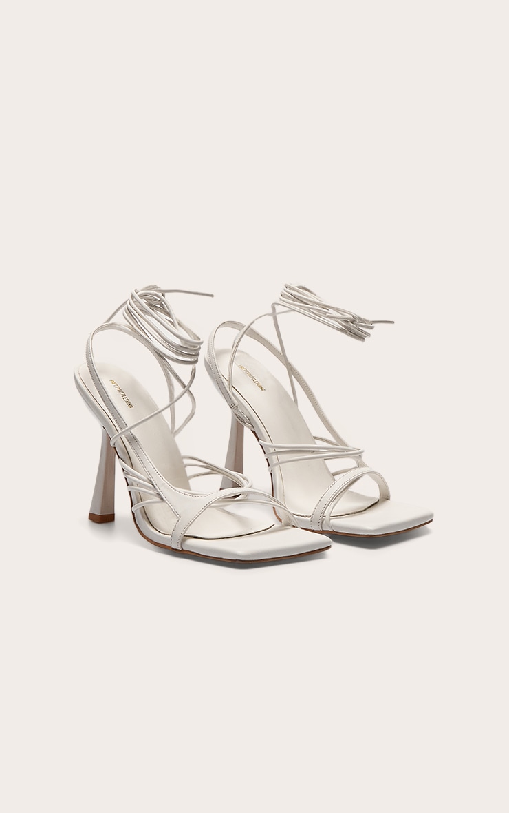 White Pu Square Toe Asymmetric Strappy Lace Up High Heel Sandals image 3