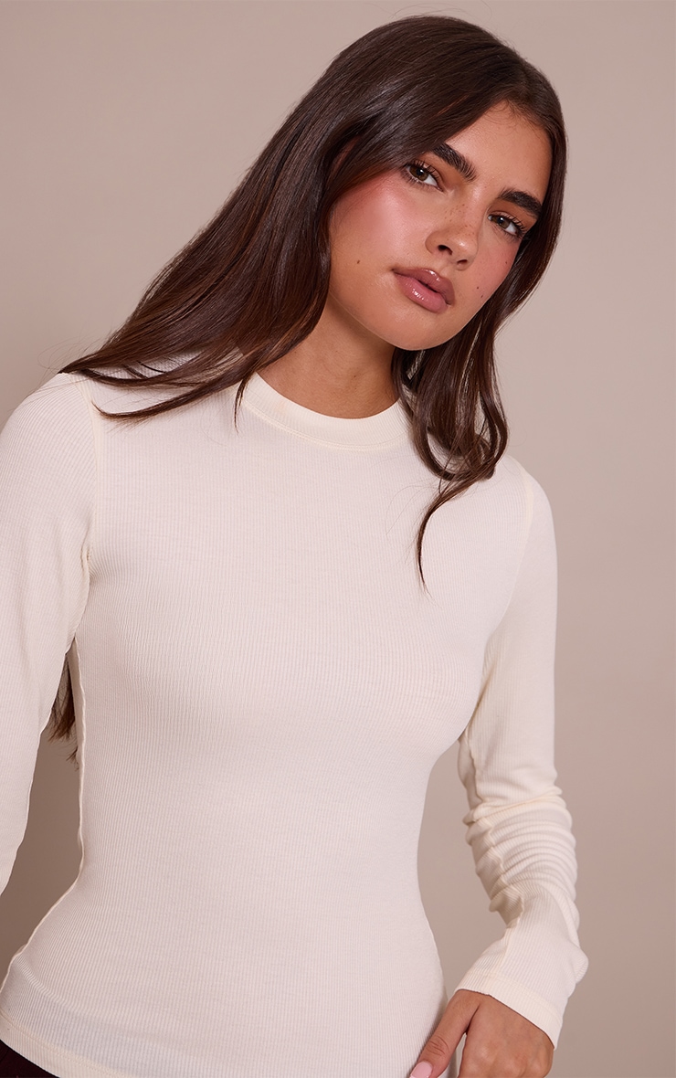 Cream Soft Rib Crew Neck Long Sleeve Top image 4