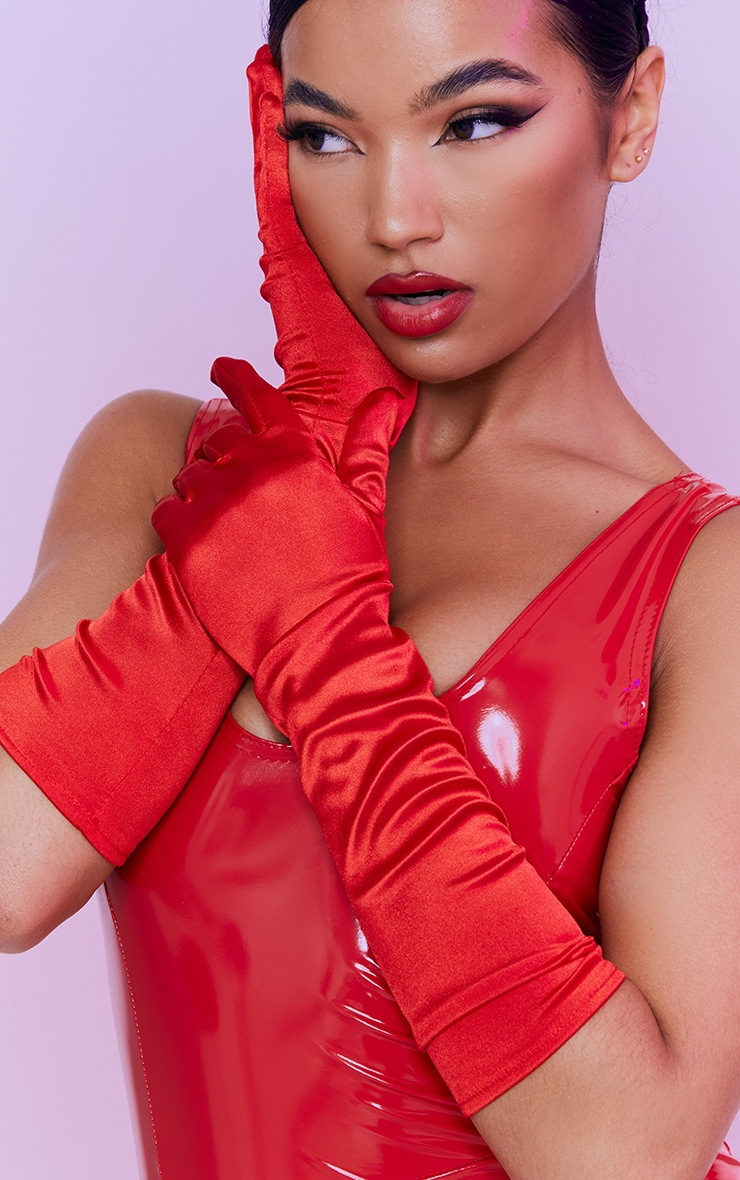 Red Plain Satin Long Gloves