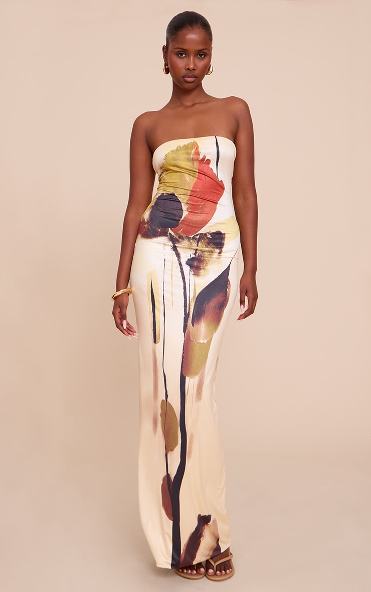Cream Printed Bandeau Maxi Dress image 1
