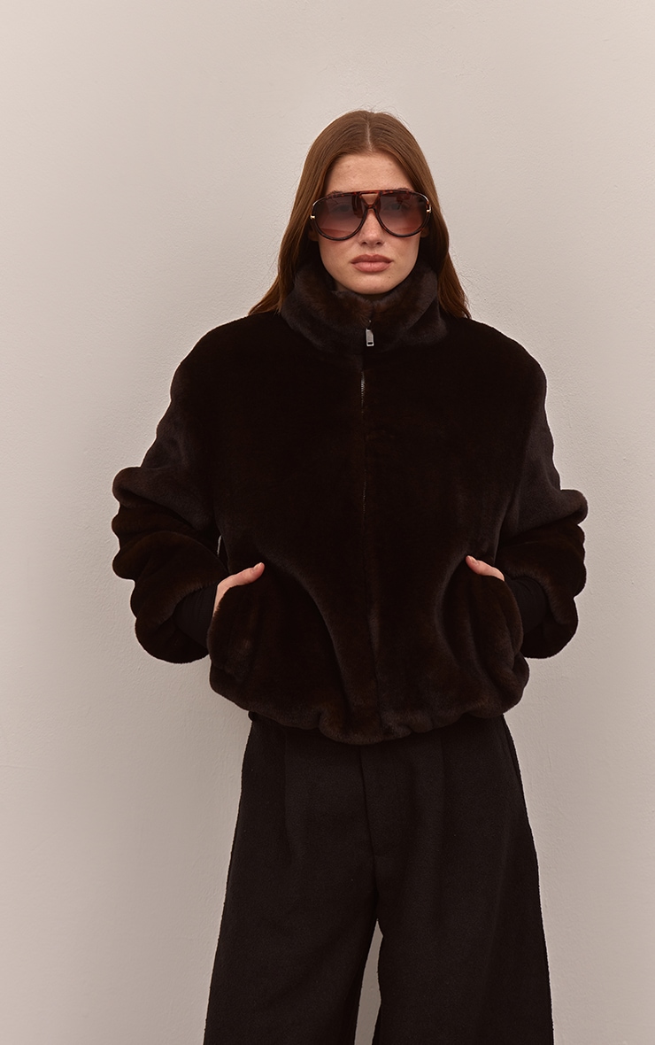 Dark Chocolate Plush Faux Fur Cropped Bomber Style Coat