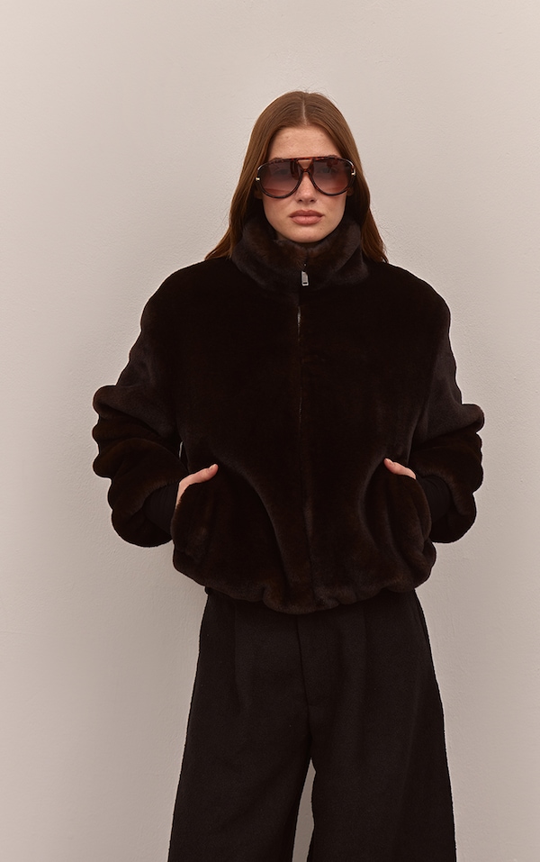 Dark Chocolate Plush Faux Fur Cropped Bomber Style Coat