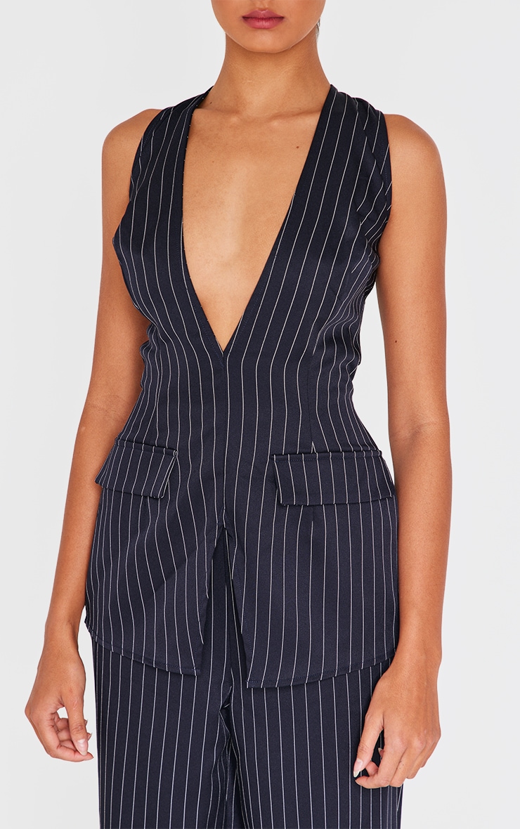 Navy Pinstripe Structured Woven Waistcoat Detail Straight Leg Jumpsuit image 4