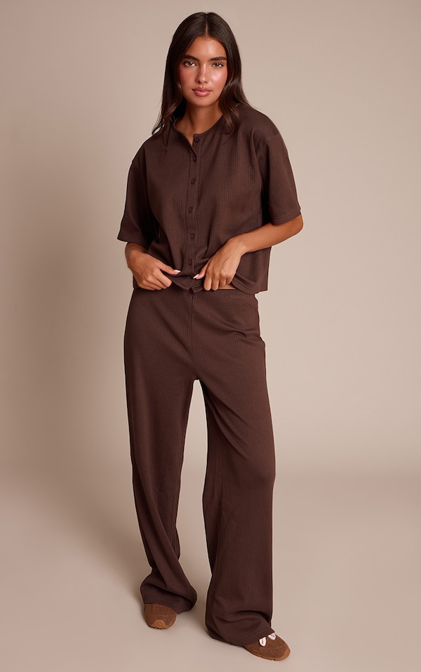Chocolate Brown Rib Wide Leg Pant 
