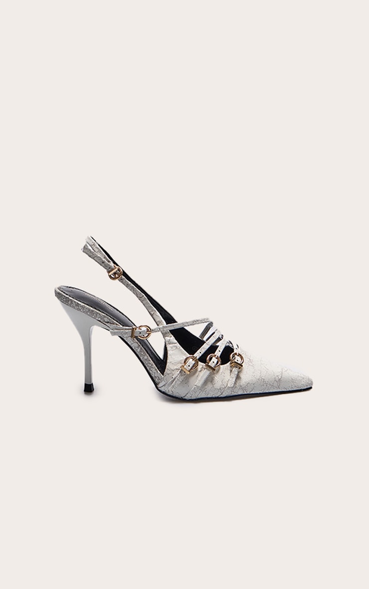White Cracked Pu Point Toe Multi Buckle Low Heeled Court Shoes image 1