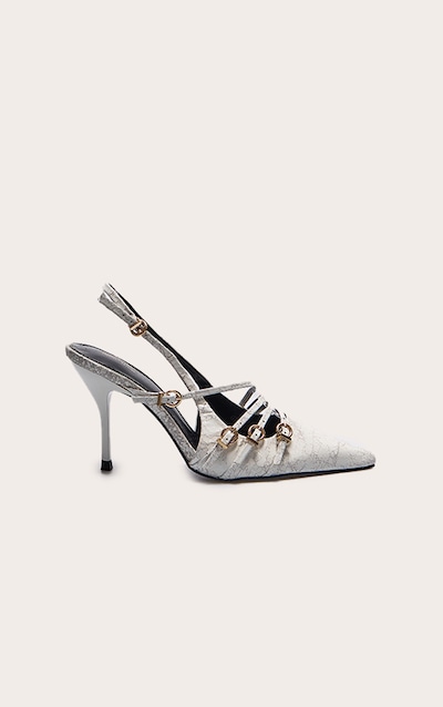 Escarpins pointus craquelés blanc à boucles multiples et talon bas