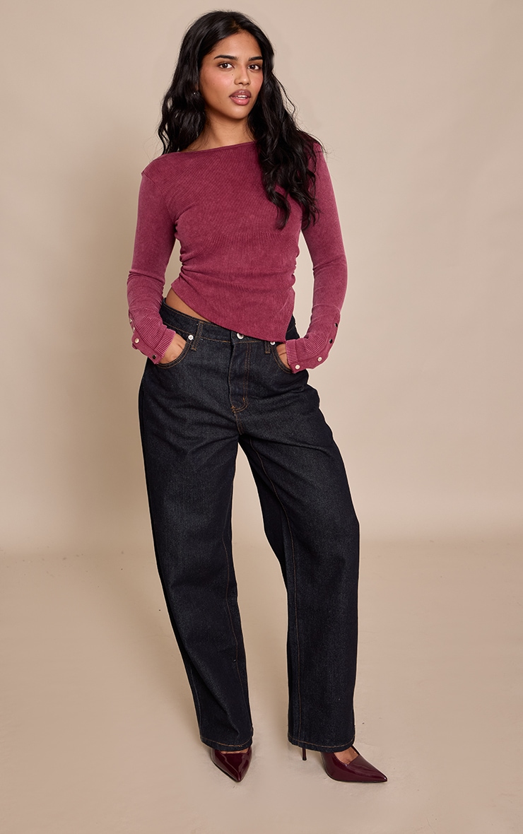 Petite Burgundy Snatched Rib Long Sleeve Popper Detail Open Back Top image 3