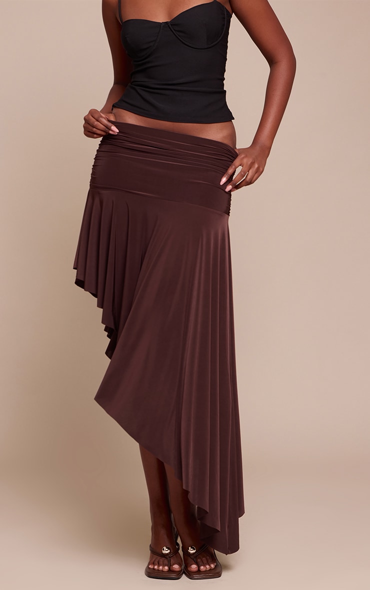 Chocolate Slinky Asymmetric Hem Midi Skirt image 2