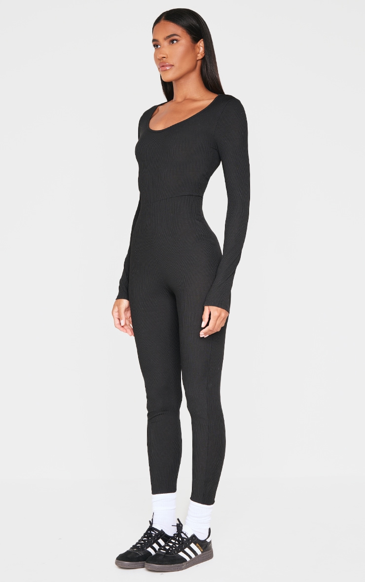 Black Ribbed Long Sleeve Scoop Neck Jumpsuit image 3