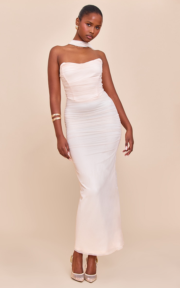 Cream Scarf Detail Ruched Maxi Dress image 1