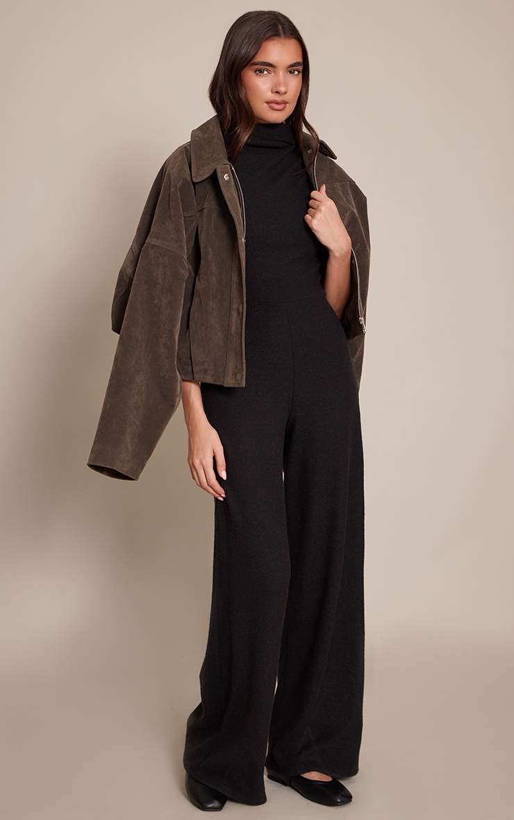 Black Ribbed Ruched Scarf Detail Wide Leg Jumpsuit image 3