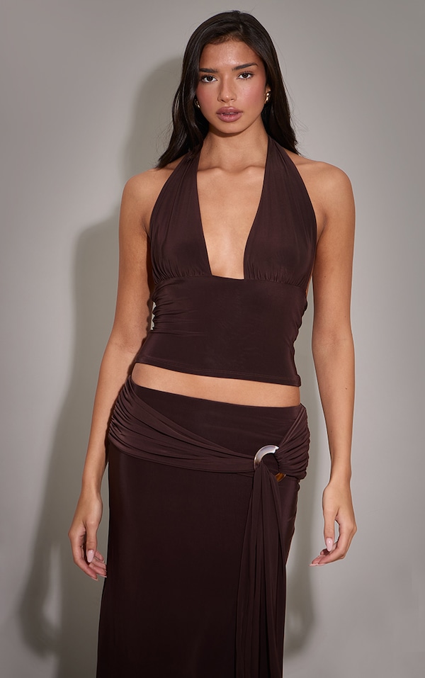 Dark Chocolate Double Layer Slinky Tie Neck Plunge Long top