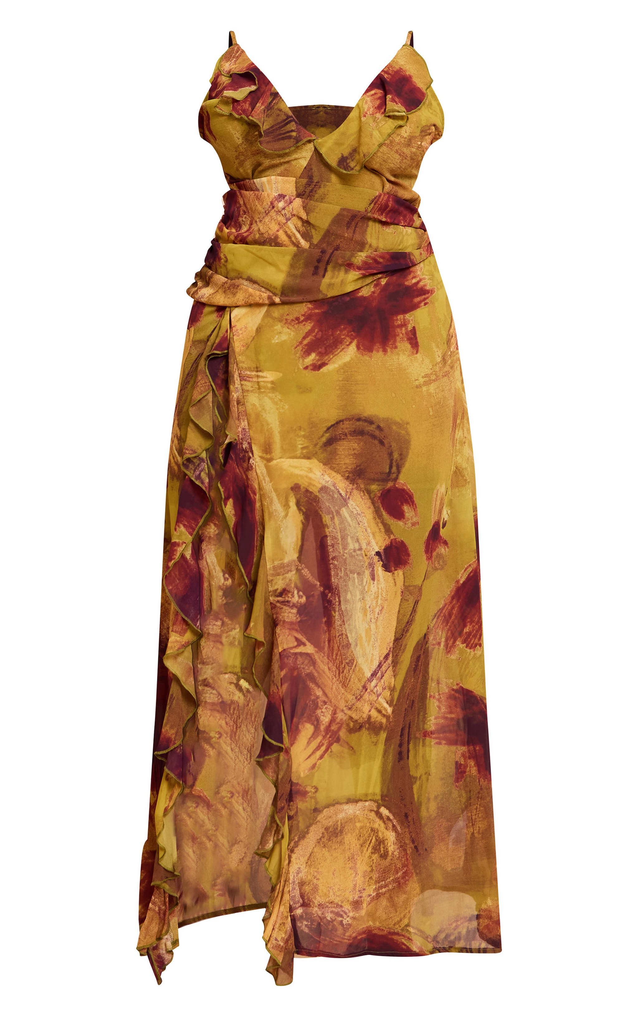 Plus Olive Smudge Chiffon Frill Plunge Strappy Maxi Dress image 5