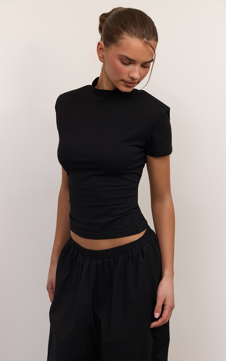 Black Cotton High Neck Shoulder Pad T-Shirt