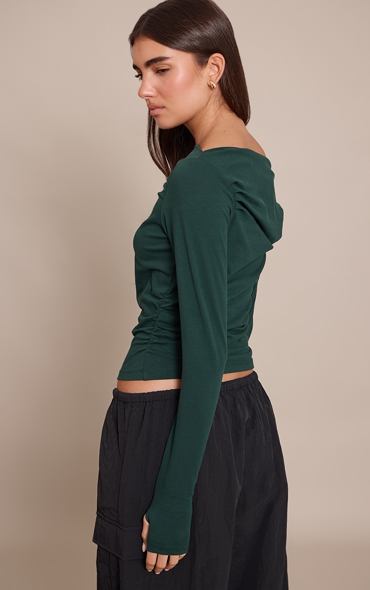 Forest Green Soft Cotton Ruched Asymmetric Long Sleeve Top image 2