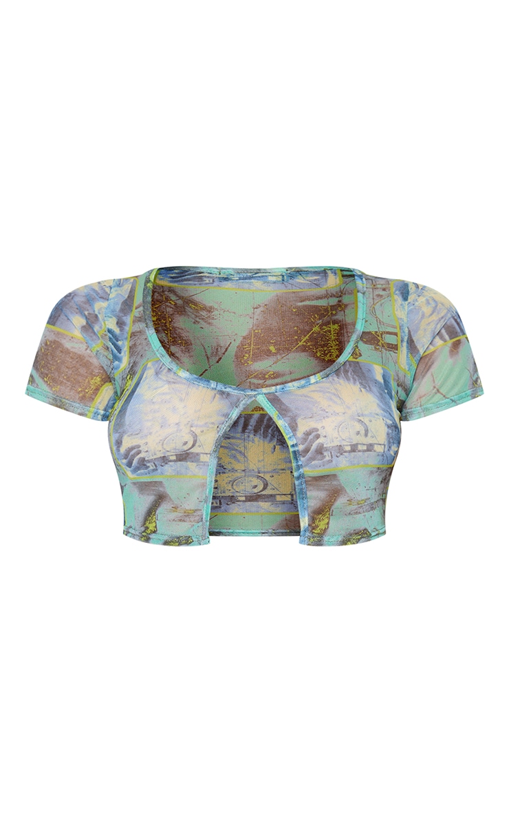 Blue Printed Mesh Split Hem Crop Top image 5